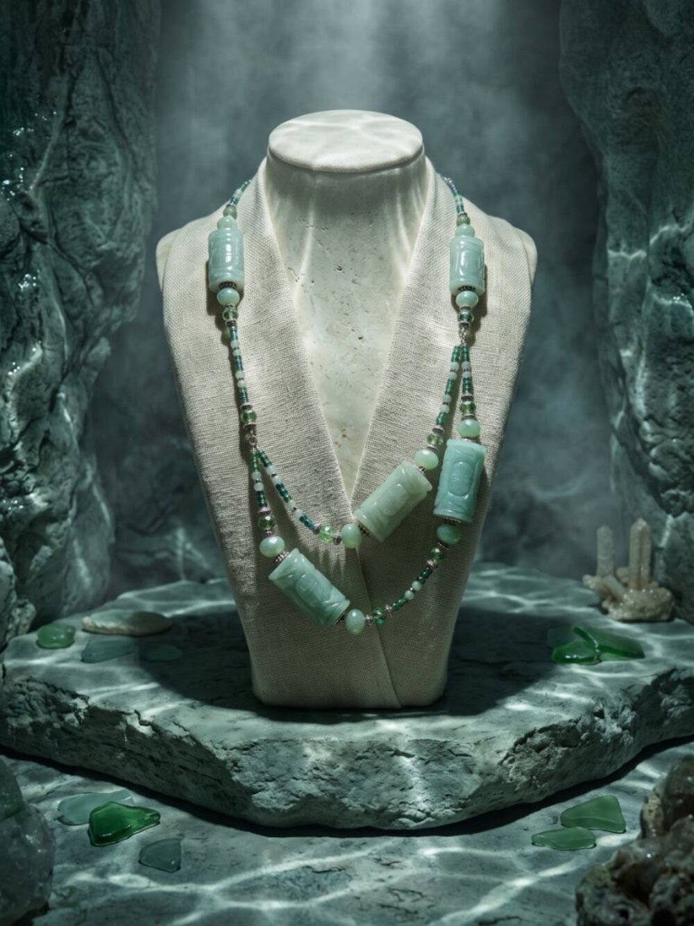 JB Originals - "Tideborn" - Vintage Green Jade & Glass Necklace Earrings Set - Picture 9 of 15